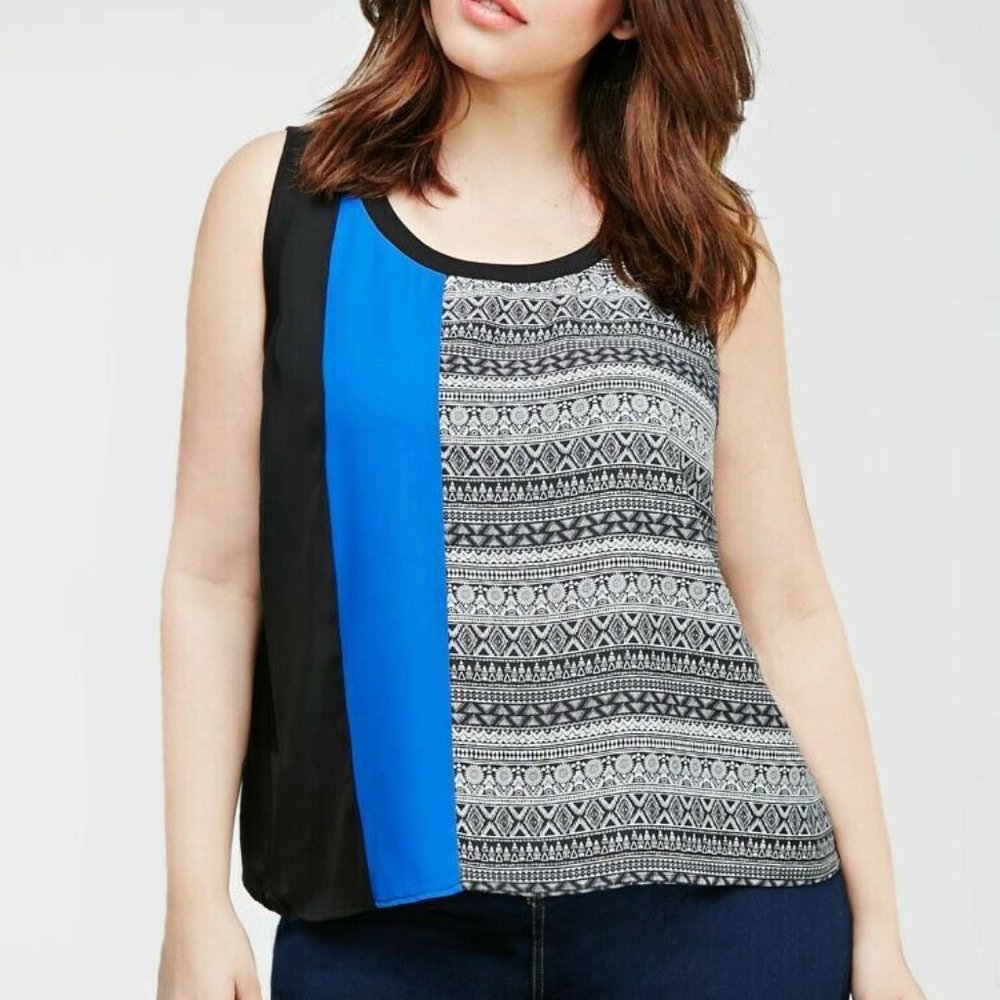 FOREVER 21 Plus Size 2x Black Blue Colorblocked Print Blouse Sheer Open Back